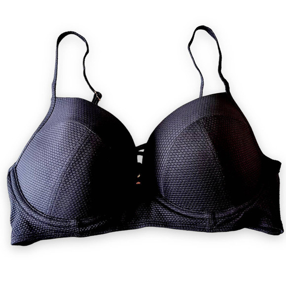 Rachel Roy NEW Textured Black Bikini Top Adjustable Straps Lace-Up Back Detail M - Picture 2 of 10